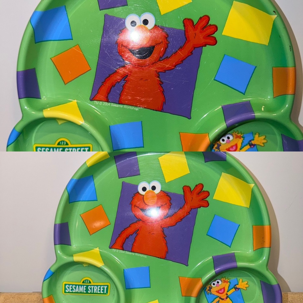 2 Vintage 2004 Sesame Street Elmo Zoe Car Shaped Divided Melamine Plate Green